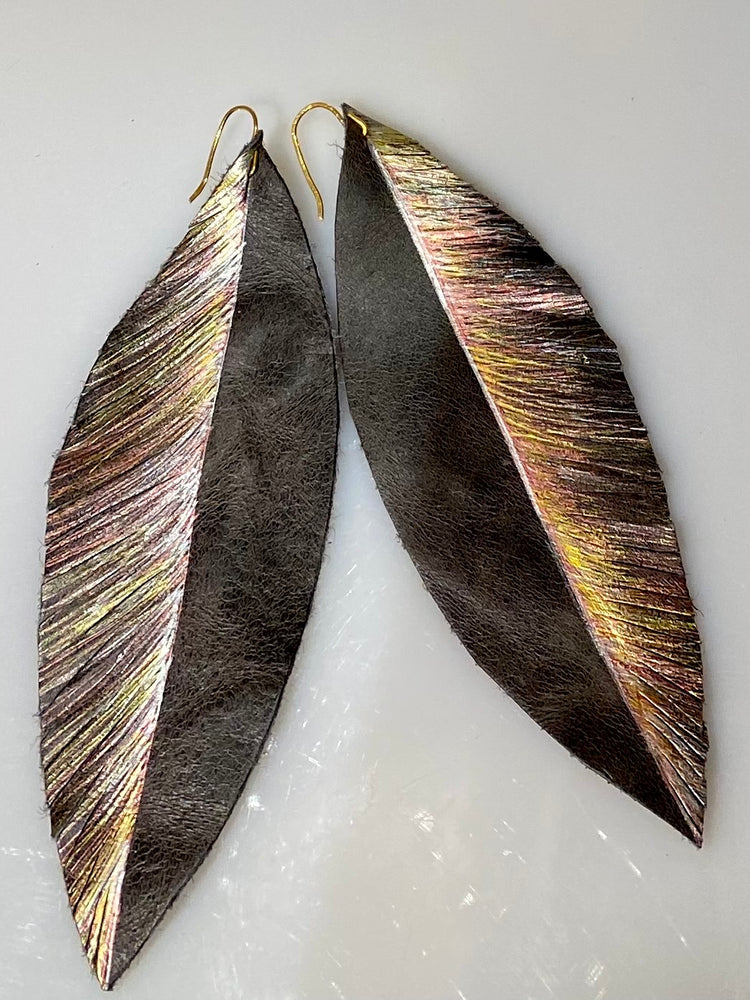 Large Leather Feather Dangles -Rose Gold Hue