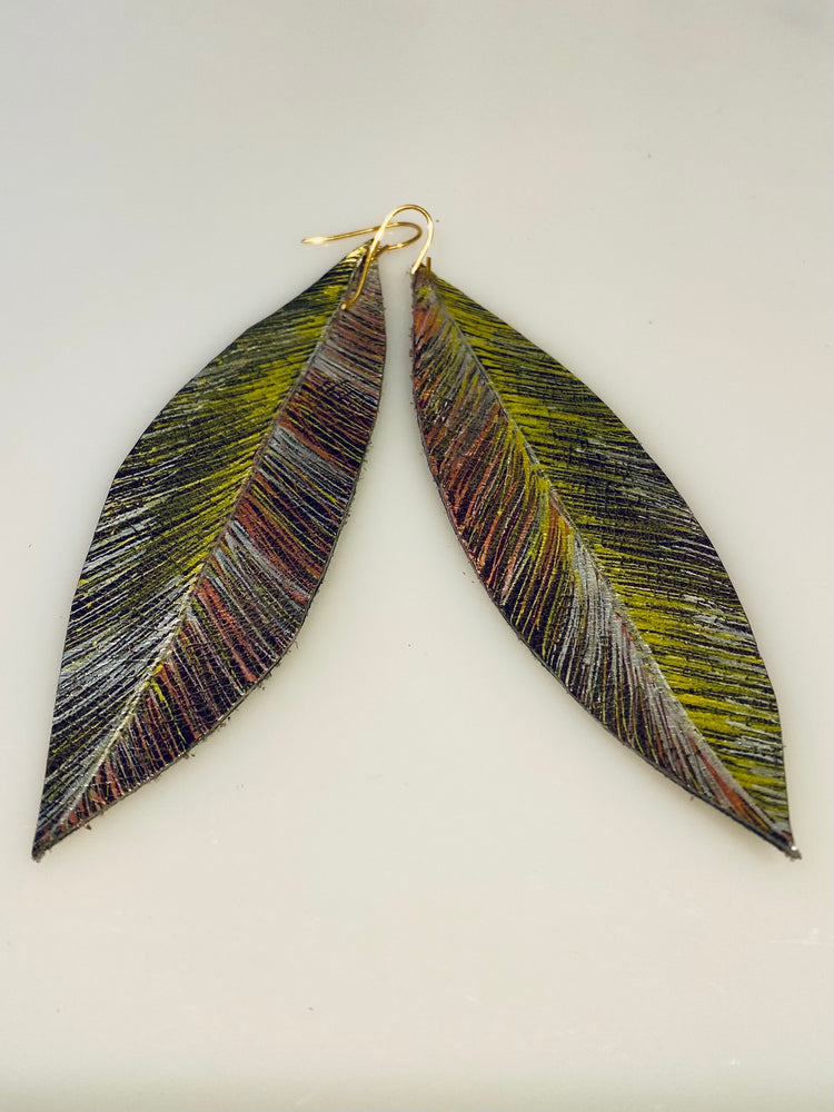 Medium leather feather earrings-yellow and pink